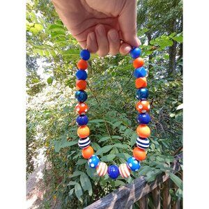 Game Day Dog Necklace, Orange and Blue Chunky Bead Pet Jewelry, Football Spirit